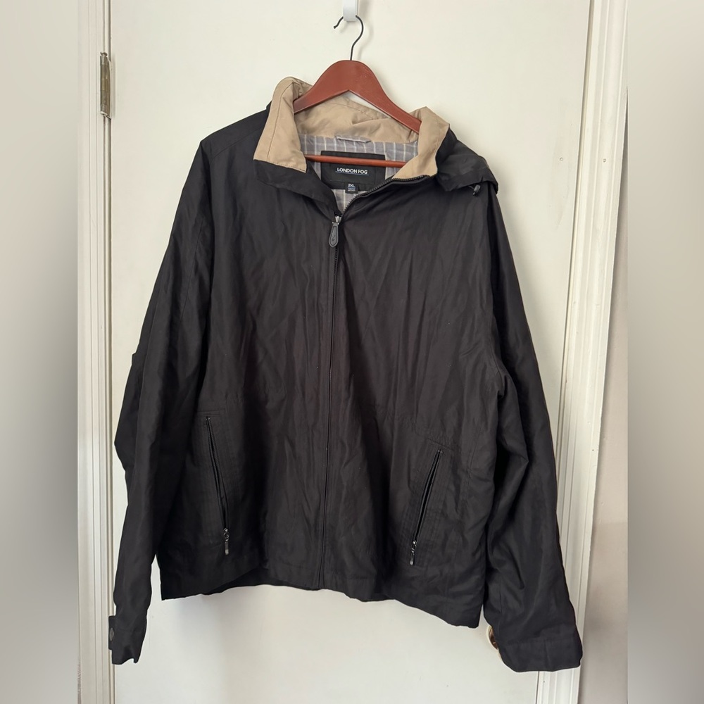 Womens London Fog Trench Raincoat Coat Jacket Water Resistant Hooded Black 2XL